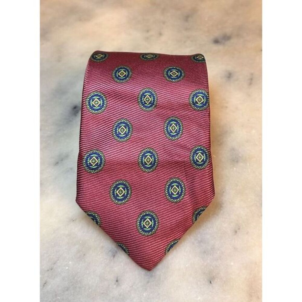 Vintage Lands End 100% Silk Mauve Geometric Foulard Tie Handmade In USA